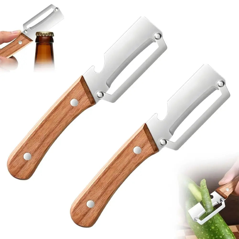 Multi-Functional Vegetable Peeler with Wooden Handle and Bottle Opener Stainless Steel Kitchen Peeler Peeling Tool